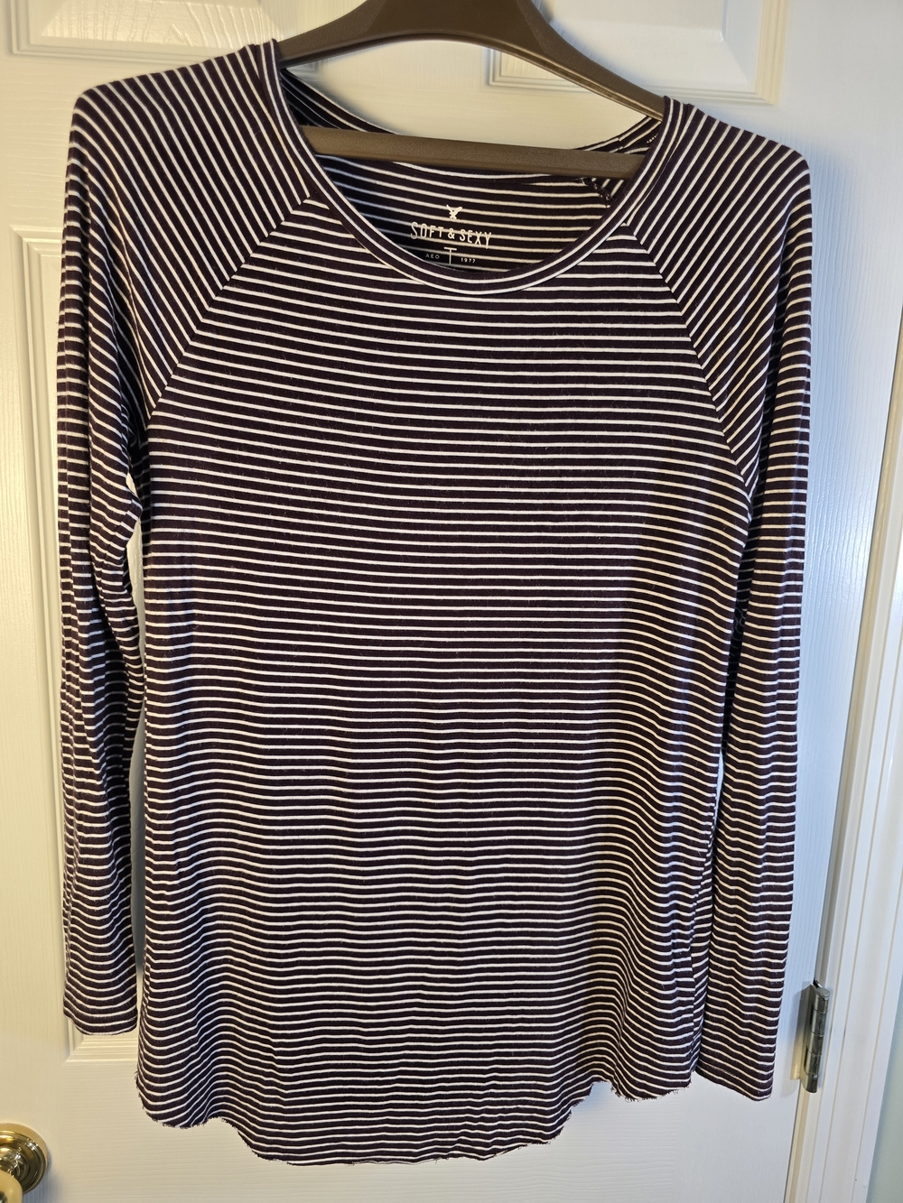 American Eagle Outfitters Maroon and White Striped Long Sleeve CozyTee